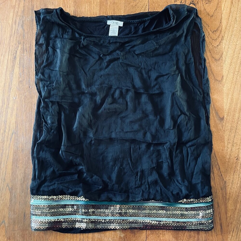 Cache Black Sheer Layered Sequin Waist Top - Elegant Holiday Blouse L